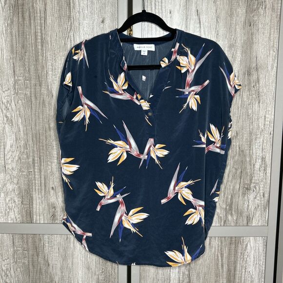 Amour Vert Silk Top Bird of Paradise Floral Print Size M - Picture 1 of 6
